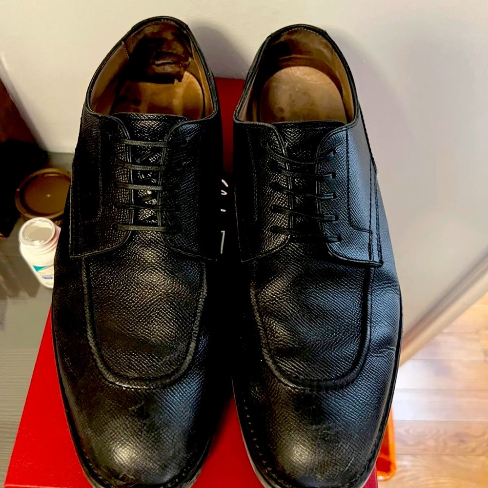 SALVATORE FERRAGAMO Oxford Black Pebbled Calf Laces Shoe Leather Men Size 10 EEE